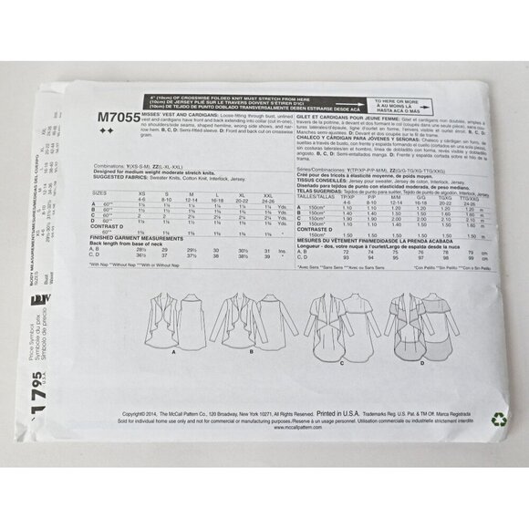 McCall's M7055 Sewing Pattern Misses' Draped Vest and Cardigans Sizes X-Small  S - Picture 2 of 4